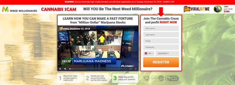 De website van Weed Millionaire