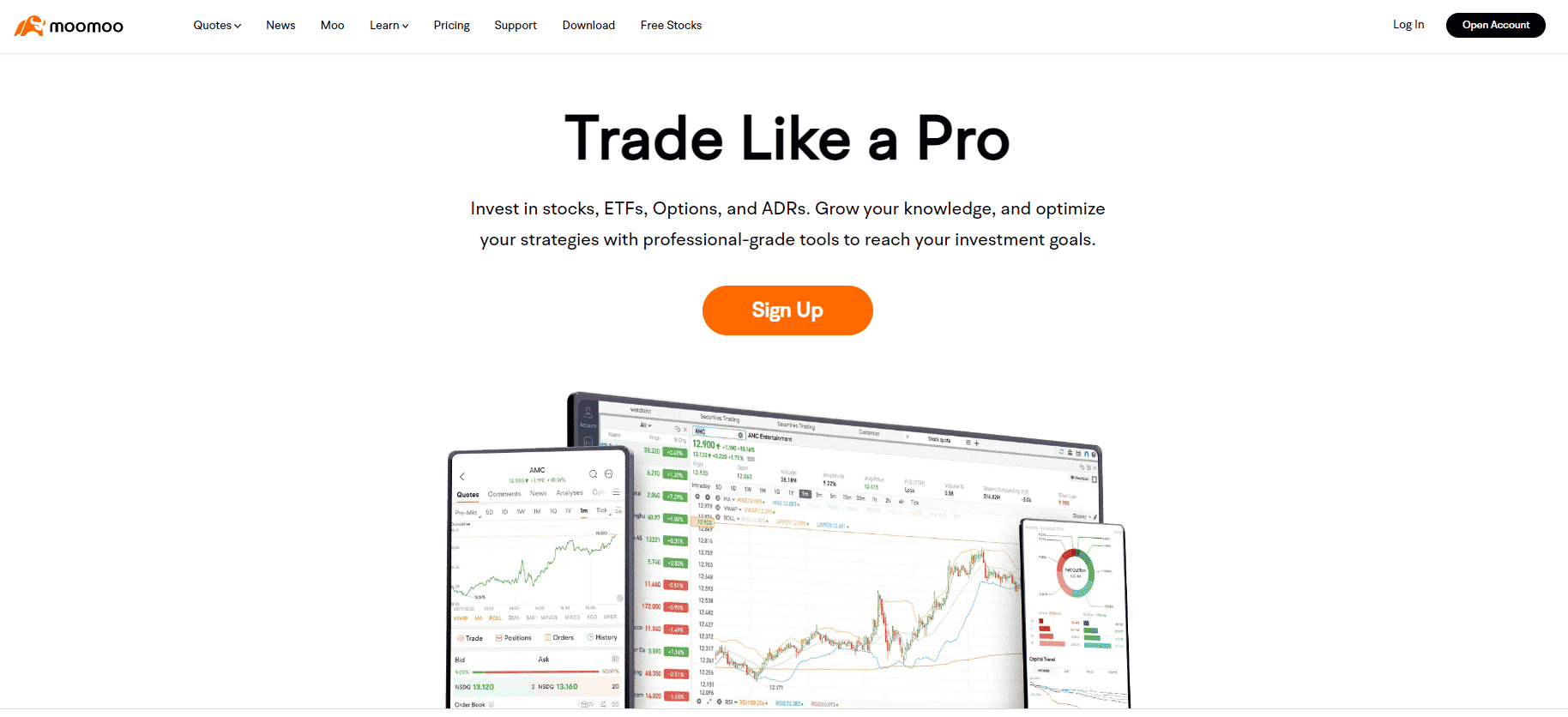 Moomoo homepage with “Trade Like a Pro” slogan and trading platform screenshot - CoinRevolution