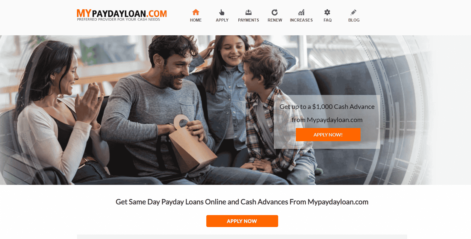 MyPaydayLoan homepage featuring a family scene and a call-to-action to apply for a $1,000 cash advance - CoinRevolution