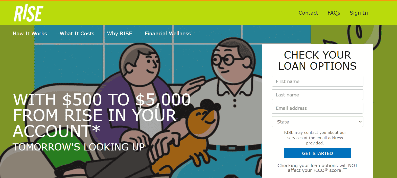Online loan application form on RISE homepage with cartoon-style illustration of people and a dog - CoinRevolution
