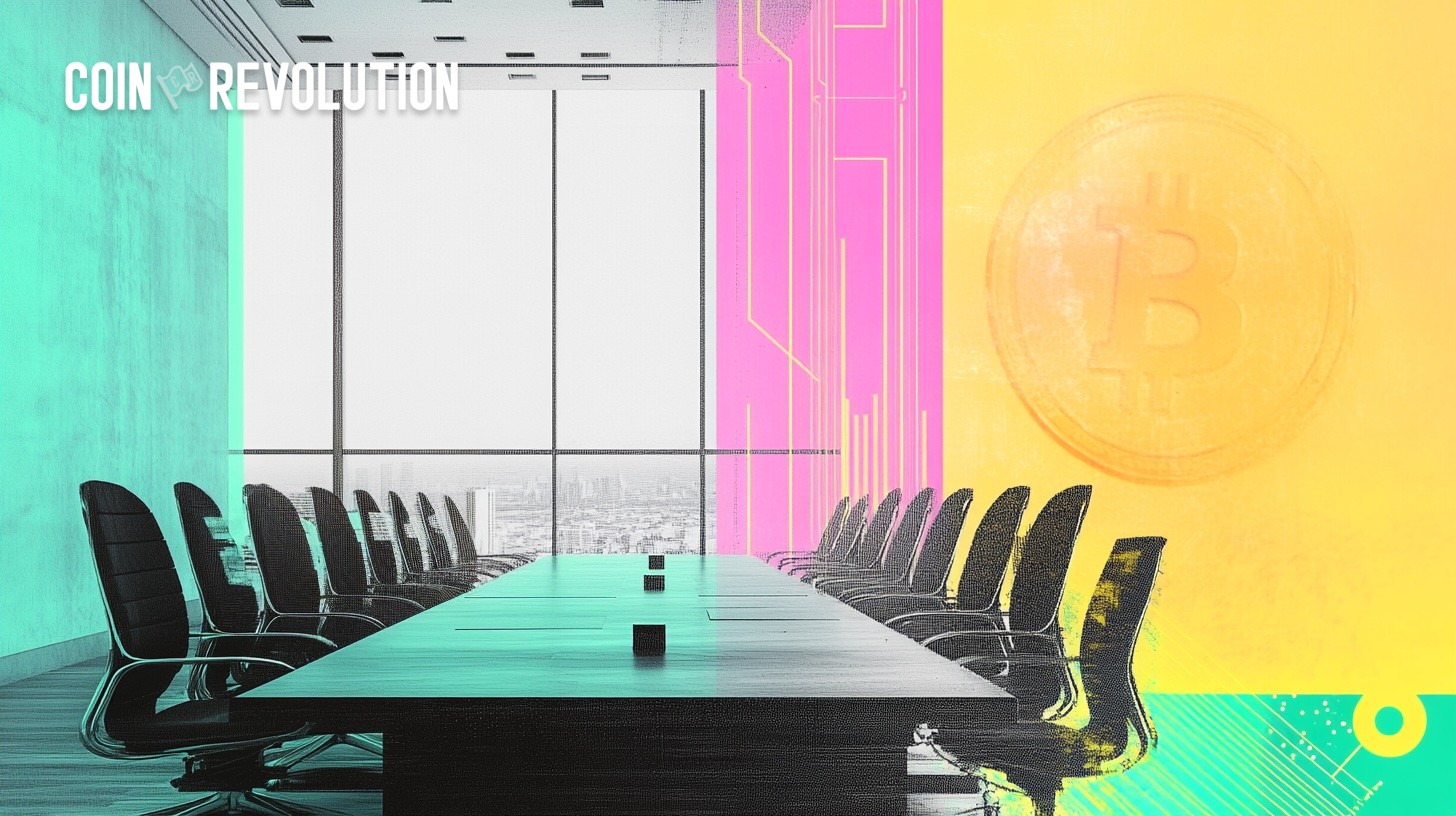 Company boardroom with bitcoin emblem