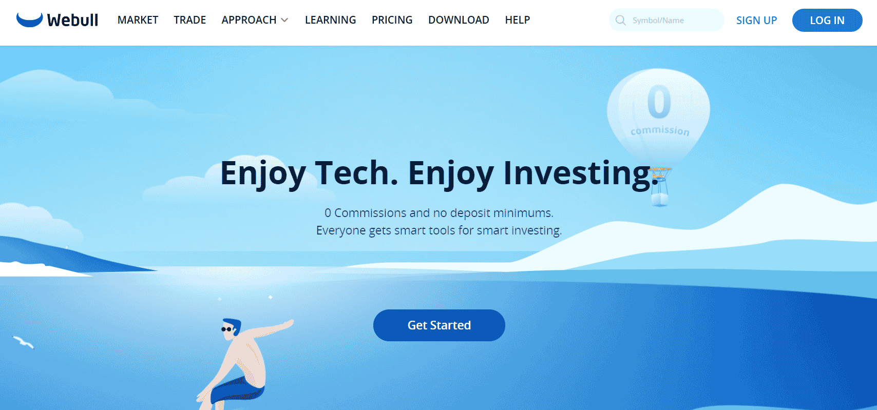 Webull homepage showing promotional banner offering commission-free trading and smart investing tools - CoinRevolution