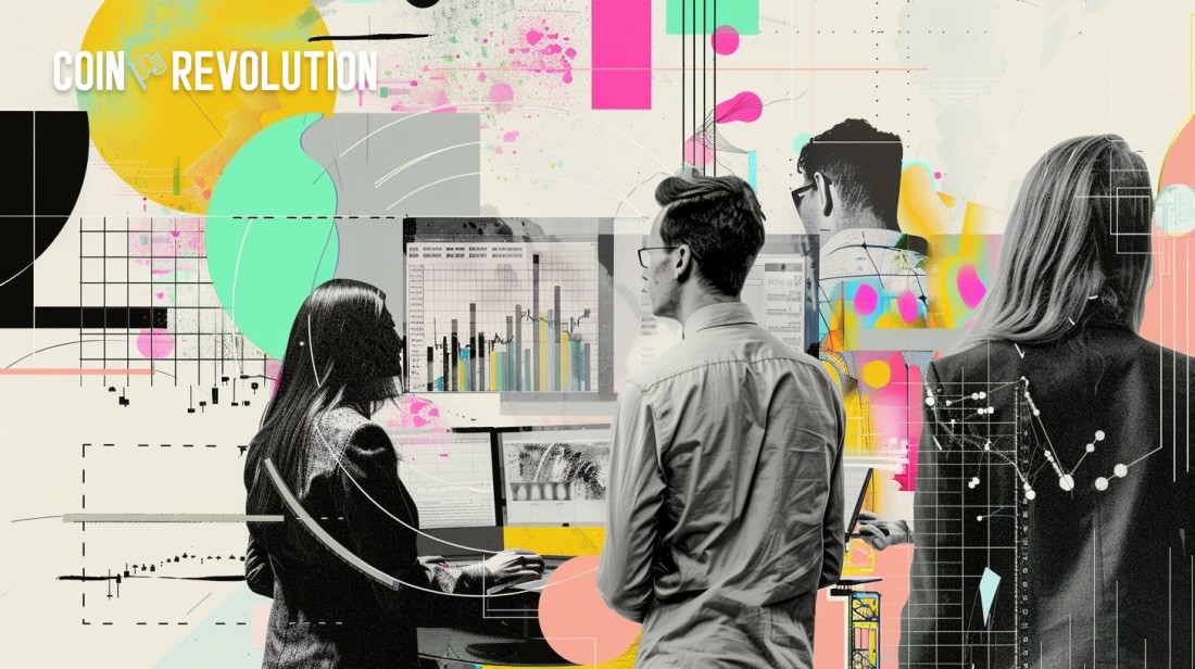 Creative digital illustration of financial analysts reviewing cryptocurrency and stock market data on computer screens, surrounded by abstract charts and colorful geometric patterns, symbolizing market analysis and digital finance trends.